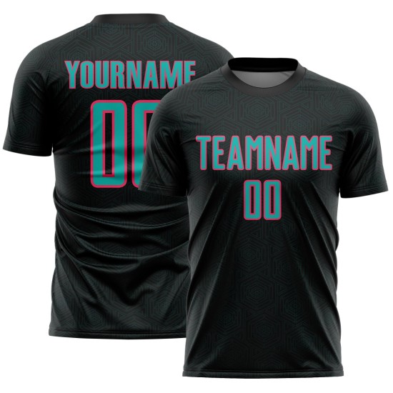 Sublimation Sports Geometric Soccer Jersey Uniform Black Shape Pink Custom Aqua-Neon Sublimation Sports Geometric Soccer Jersey Uniform Black Shape Pink Custom Aqua-Neon